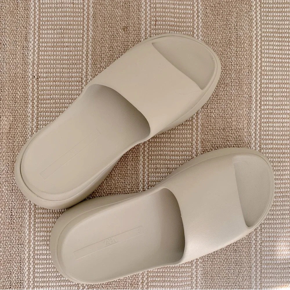 Zara Flat Sandal Ivory Cream Platform Rubber Slide Sandal beige - Picture 5 of 13
